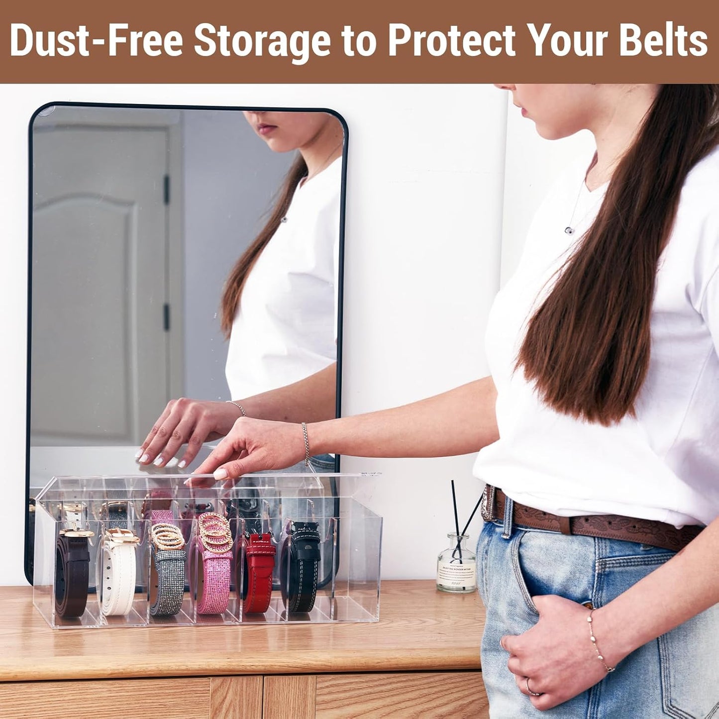 Acrylic Belt Organizer for Closet - 7 Compartments With Dust Cover Transparent Storage Holder | Display Case for Makeup, Jewelry, Watches, Bow Tie, & Bracelets | Multipurpose Clear Containers