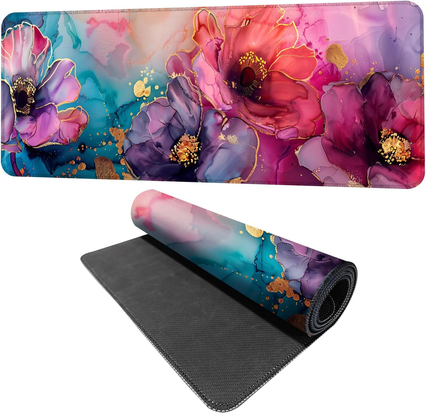 Floral Mouse Pad XXL – Large Desk Mat with Abstract Alcohol Ink Flowers in Pink, Purple & Teal, Extended Mousepad with Non-Slip Base for Office, Workstation, Gifts,31.5 x 11.8 in