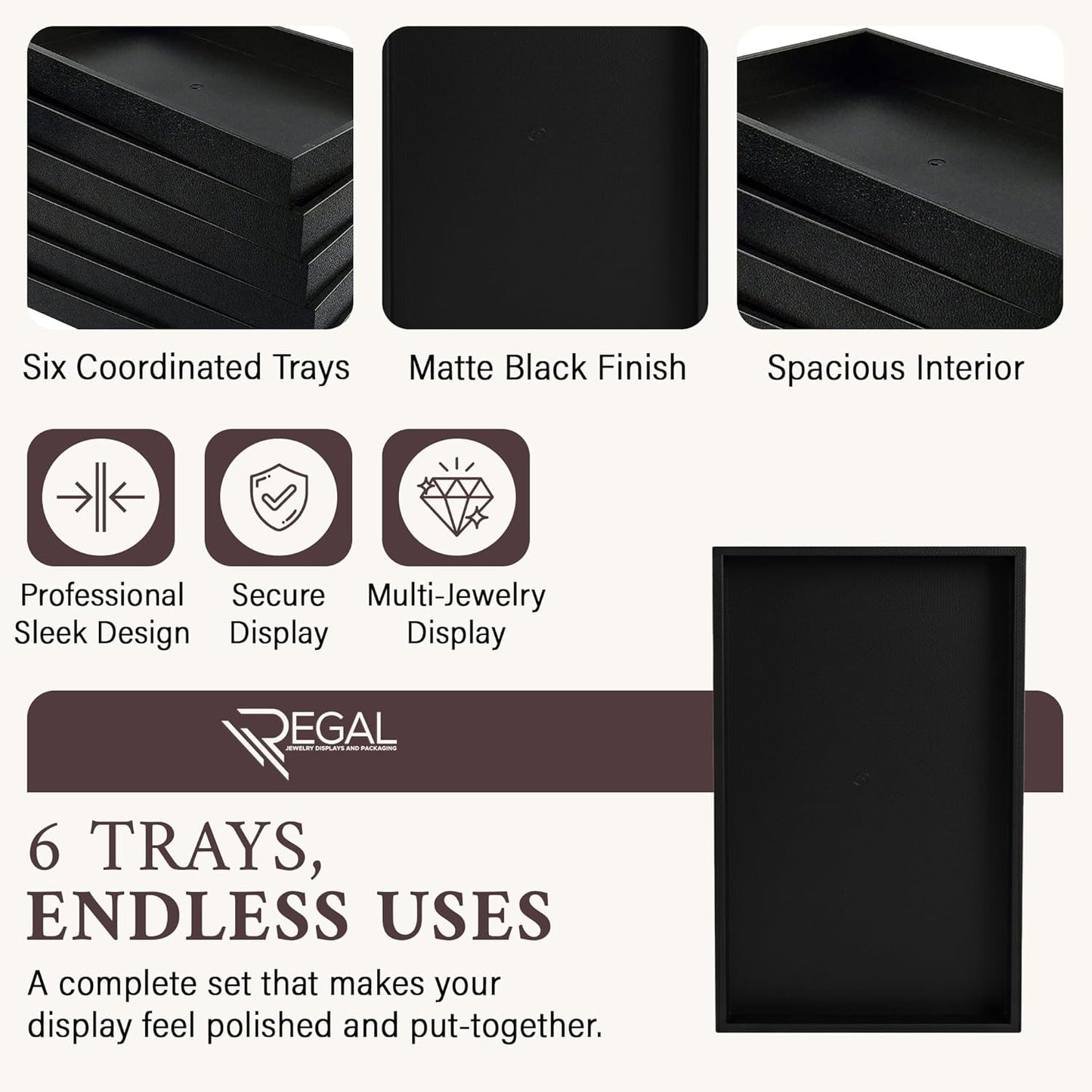 RJ Displays 6 Pack Stackable Jewelry Tray Set, Stackable Plastic Jewelry Organizer Tray, Jewelrys Drawer Organizers, Drawers Inserts, Earring Organizer for Women Perfect Trays (Black) 14.75x8.25x1 IN