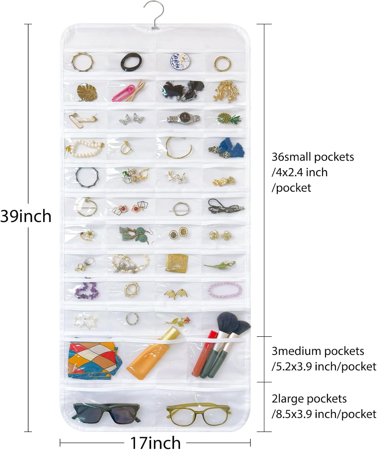 Bloss Hanging Jewelry Organizer With 90 Pockets,Earring Holder Organizer Storage For Valentine's Day Gift,Double-Sided Jewelry Holder for Earrings, Necklaces, Rings on Closet,Wall,Door(White)