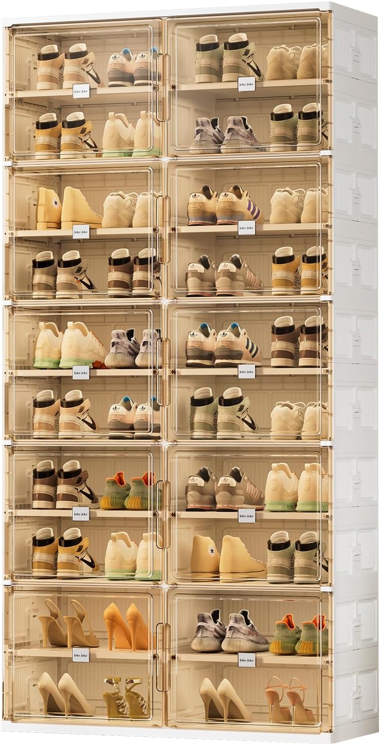 JEKO&JEKO 10 Tiers Foldable Shoe Rack Organizer Cabinet for Closet Entryway, Large Collapsible Shoe Storage Box with Magnetic Doors Fits Up to 40 Pairs (White)