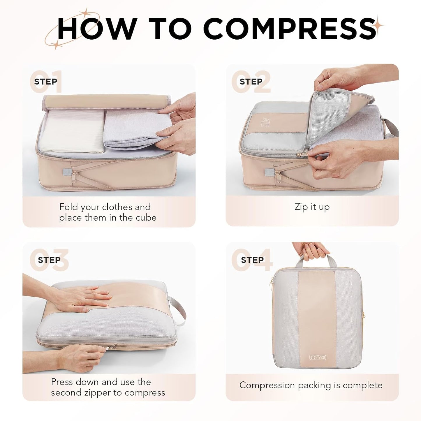 2 Set Compression Packing Cubes for Travel Essentials,Compressible Expandable Packing Cubes for Suitcase,OlarHike Luggage Organizer Bags for Travel,Handy Helper for Organizing Clothes(Beige)