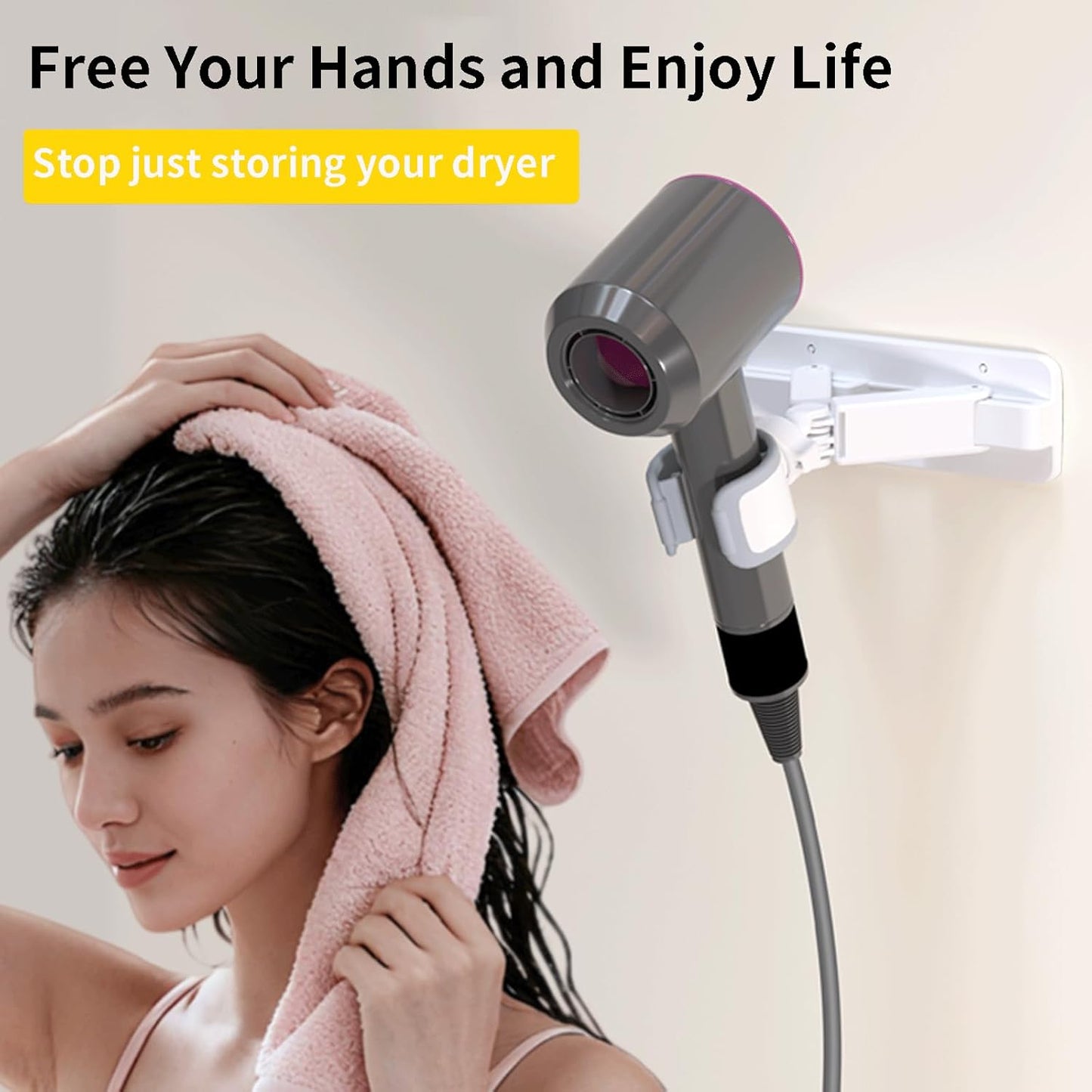 Wall Mount Hair Dryer for Bathroom, Adjustable Hands-Free Blow Dryer Stand with 360° Swivel Ball Head, Storage Holder for All Hair Dryer Sizes, No Drill Adhesive or Screw Installation