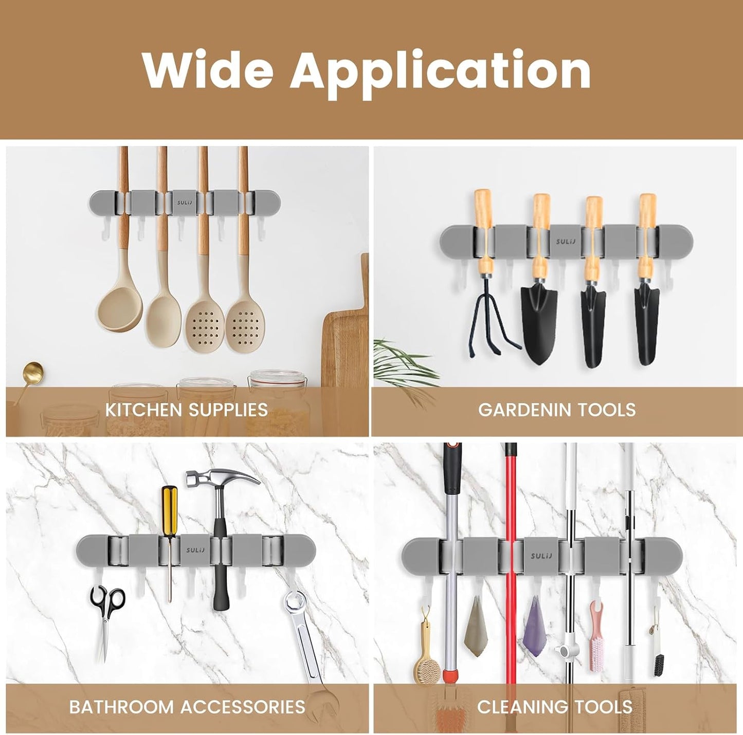 2Pcs Broom Holder Wall Mount, No-Drilling Self-Adhesive Mop and Broom Storage Rack (4 Racks with 5 Hooks),Wall-Mounted Broom Hanger for Bathroom, Kitchen, Closet, Garage, Grey