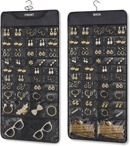 FOREGOER Hanging Jewelry Organizer with 88 Zippered Pockets, Dustproof Foldable for Travel, Accessories Organizer for Holding Jewelries, Earring Organizers and Storage (Black)