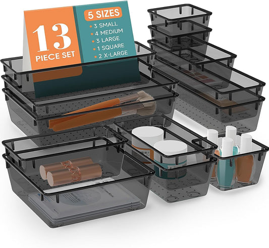 13 PCS Drawer Organizer Set, 5 Varied Size Bathroom and kitchen Drawer cabinet organizer Trays, Clear Storage Bins for Makeup, Jewelry, Utensils and Gadgets, Black