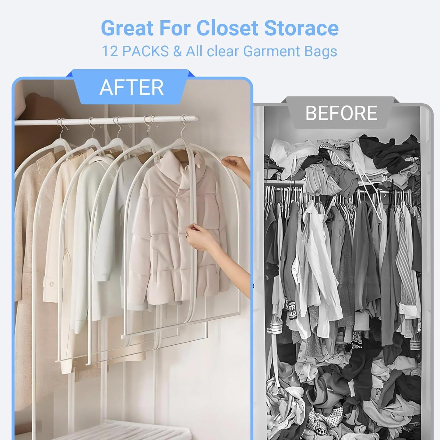 Garment Bags for Hanging Clothes 24'' x 40'' (Set of 12) Coat Covers for Closet Foldable Washable Dress Bags for Hanging Clothes for Long Dress Dance Costumes Suits Gowns Coats