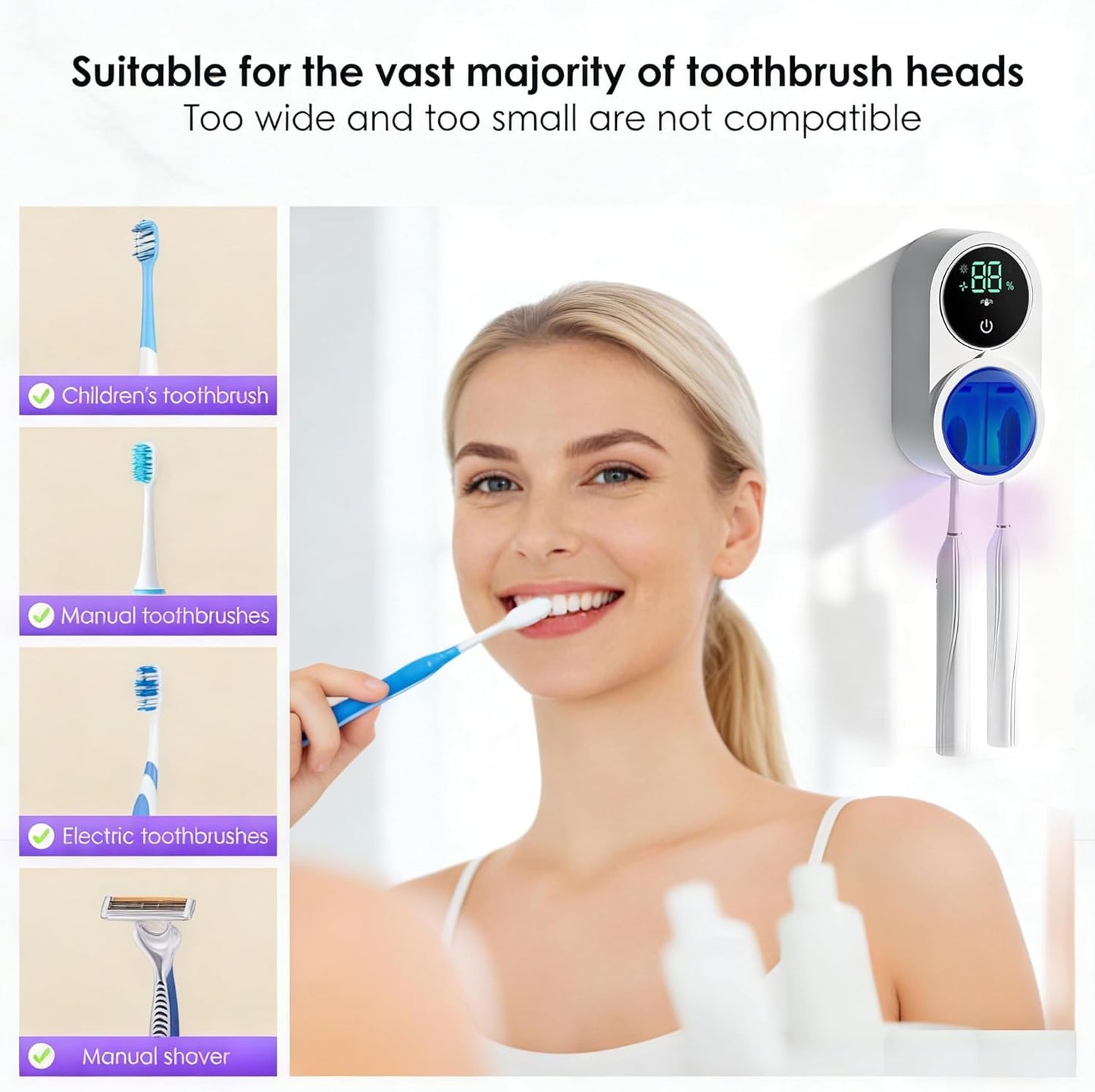 KLUEHOME UV Toothbrush Sanitizer & Holder for Bathroom, LED Smart Screen, Light Cleaning and Air Drying, Mirror Wall Mounted,Fits Most Electric, Manual and Kids’ Toothbrushes