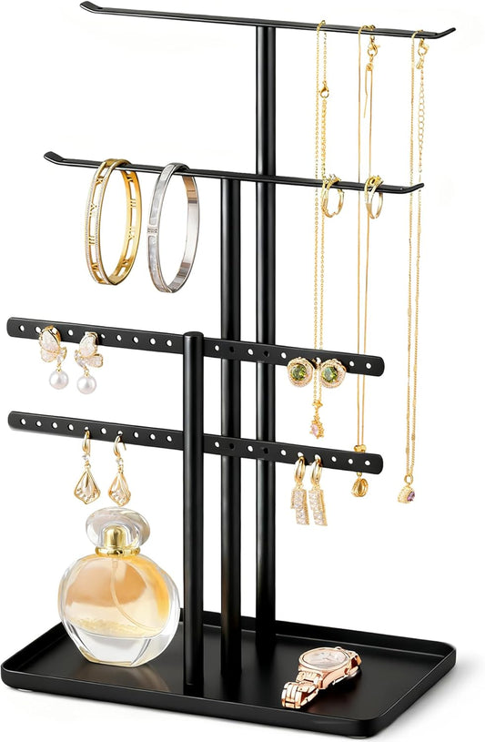 pickpiff Jewelry Stand Organizer, 12.5" Tall Sturdy Metal, 3-Tier Jewelry Holder for Necklace, Earring, Bracelet, Ring, Hanger for Display and Storage, Aesthetic Room Decor, Black
