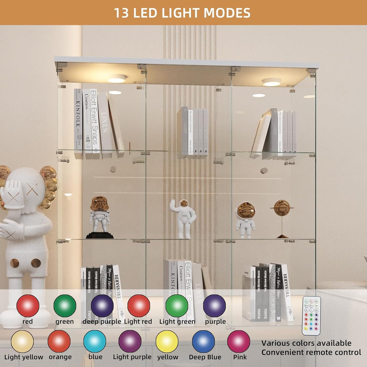 Beauty4U Glass Display Cabinet with LED Lights, Extra Large 3 Columns 2 Doors Curio Cabinets with 12 Shelves for Living Room, Bedroom, Office, White Floor Standing DIY Glass Bookshelf