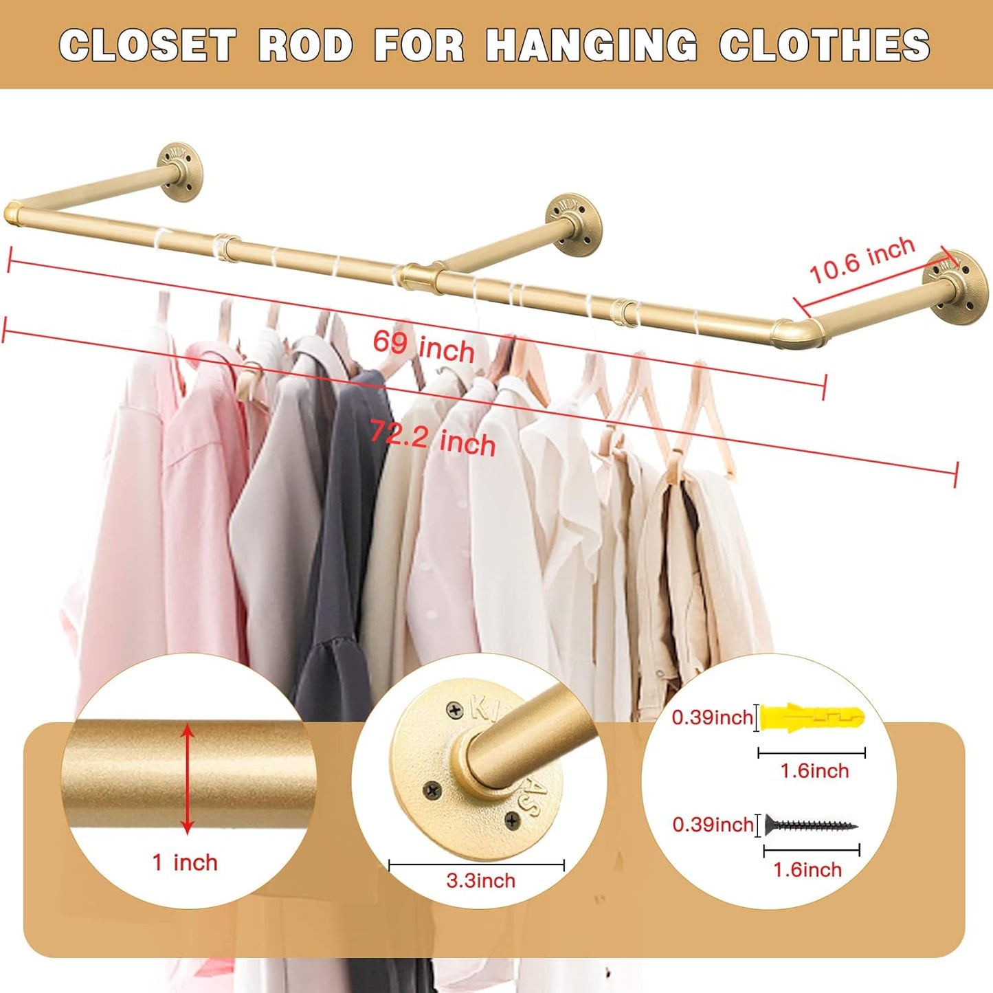 Wall Industrial Pipe Clothes Racks, DIY Floating Hanger Rustic Home Pipe Decor, Mounted Closet Storage Organizer Holder Systems, Heavy Duty Garment Rod Pole For Cloakrooms Bathroom Black Iron