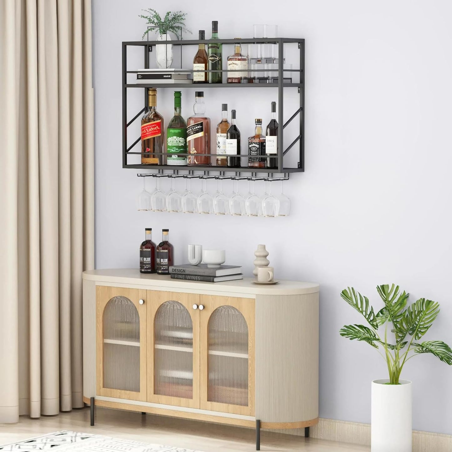 Wall Mounted Wine Rack with Glass Holder, 2-Tier Multi-Functional Shelf for Home, Restaurant, and Bar Storage (39.3”W x 7.8”D x 26”H)