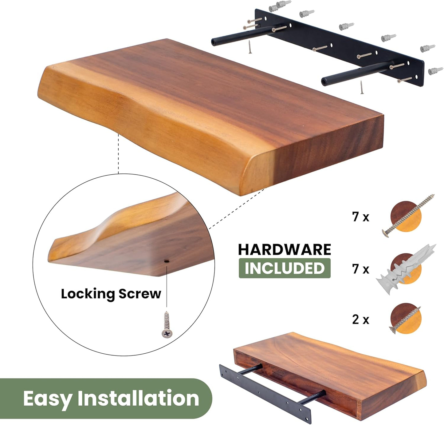 Solid Wood Floating Shelves Set of 2 - Handcrafted with Authentic Live Edge Design for Natural Wall Display - 15.7" Rustic Wooden Shelving for Bathroom Kitchen Bedroom