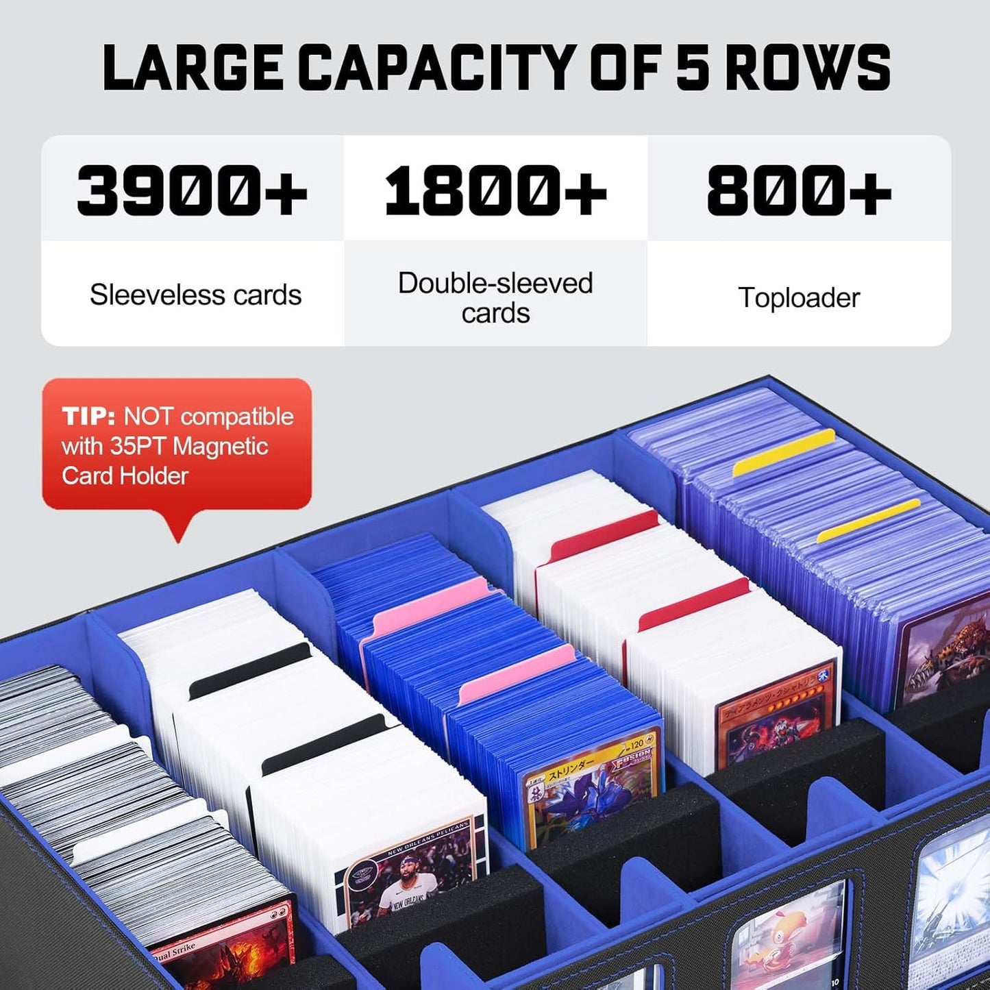 ZLCA Trading Card Storage Box 5-Row with Handle, MTG Storage Box Holds 3900+ Cards with Commander Display, Top Loaders Organizer Case for TCG PTCG Sport Card(Black&Blue)