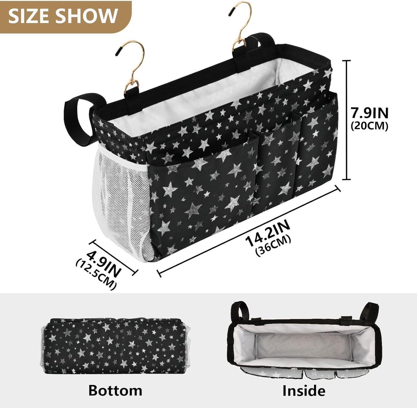 Sparkly Silver Stars Bedside Caddy for Dorm Bed Bedside Hanging Caddy Bag Iron Frame Storage Organizer Pocket for Bunk Home College Hospital Beds 2 Hooks