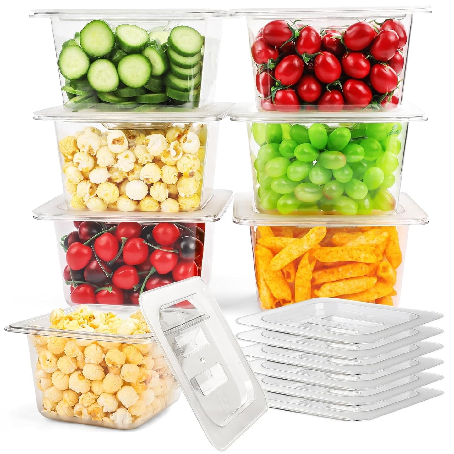 VOISEN 6 Pack Plastic Food Pan with Lids 1/6 Size 4 Inch Deep Commercial Food Storage Containers for Fridge Salad Fruits Vegetables Clear Restaurant Polycarbonate