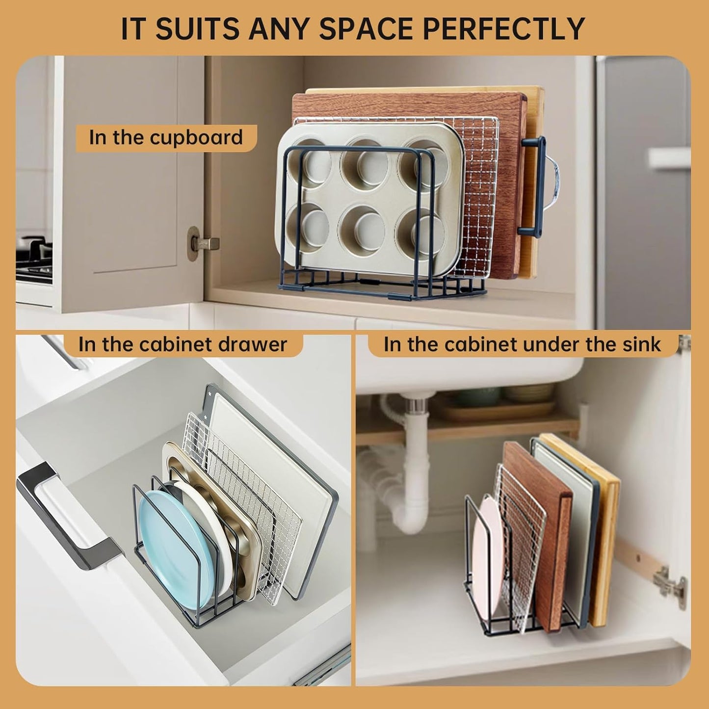 Cutting Board Organizer,Kitchen Cabinet Organizer,Divided Rack with 5 Slots for Baking Trays,Space-Saving Kitchen Storage for Cutting Boards, Cookie Sheet, Thin Pans and Baking Sheets Holder (1pcs)