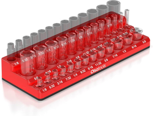 Olsa Tools Magnetic Socket Organizer (1/4-Inch Drive, 3 Row) - Magnetic Tool Organizer & Socket Holder - Tool Box Socket Organizers - SAE Red - Holds 39 Sockets - Professional Grade - Part: 1545