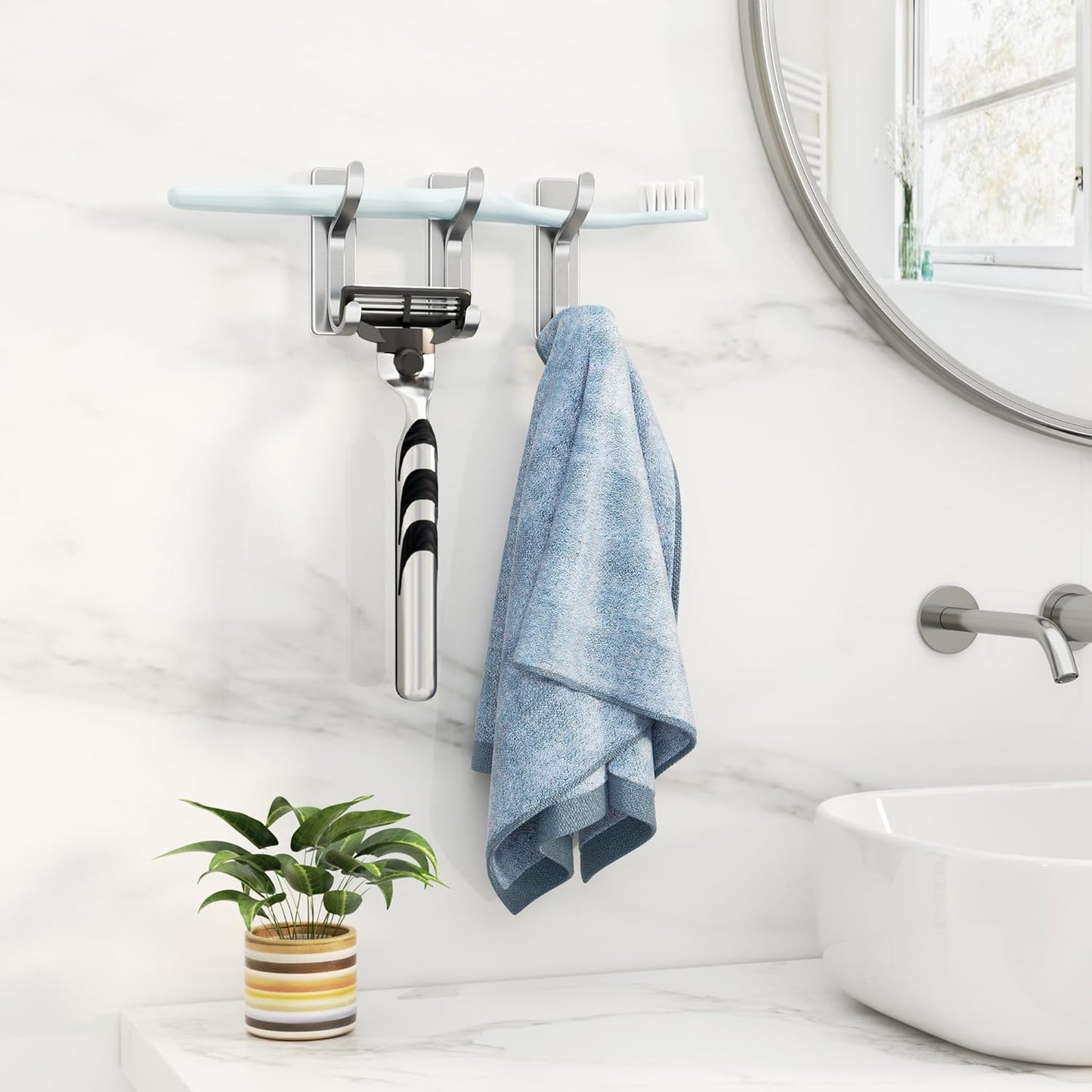 pickpiff 10-Pack Adhesive Wall Hooks for Towel: Modern Silver Hooks Hold 13 LB, Sticky Door Hanger Hanging Coats, Bags, Backpack, Purses - Bathroom,Kitchen, Dorm, RV, Shower - Stainless, Metal