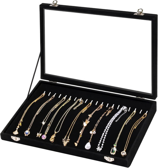 Cirhy Necklace Organizer Box, Anti-Tarnish Jewelry Box & Dustproof Necklace Case, Velvet Jewelry Tray for Drawer Storage, Tangle-Free Jewelry Organizer with Clear Lid, Christmas Gift for Women & Girls
