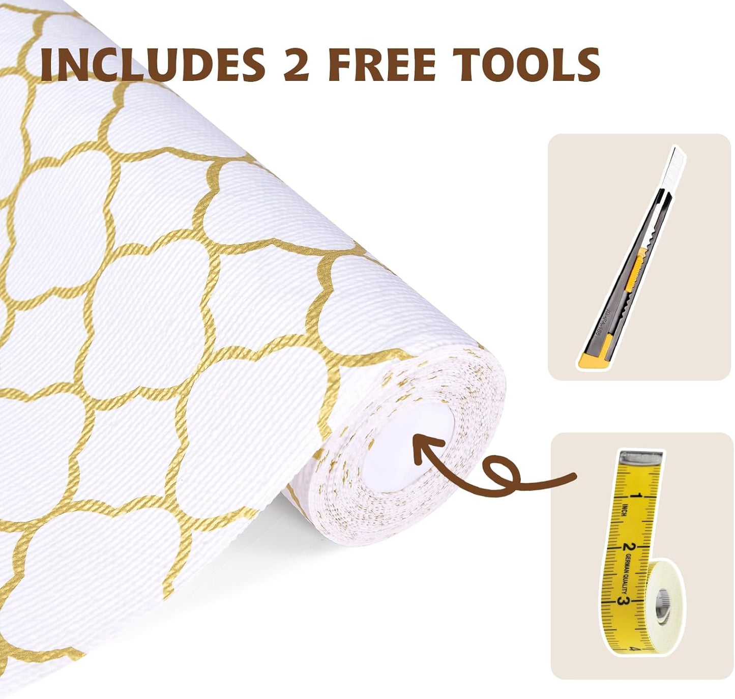 Shelf Liners for Kitchen Cabinets 23in x 20FT Non Adhesive Drawer Liner Gold Quatrefoil Thickened Shelf Liner Paper Strong Non-Slip Easy to Clean for Tool Box Refrigerator with Knife and Tape Measure