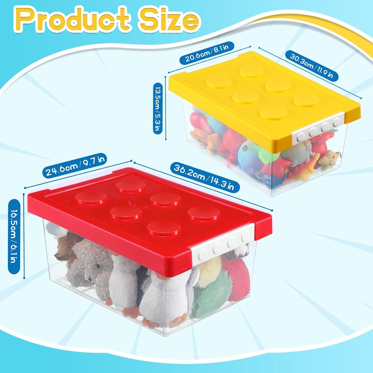 Vicenpal 4 Pack Toy Storage Containers with Lids Brick Shaped Kids Toy Organizer Box Plastic Clear Stackable Bin Chest for Building Block Dolls(Large, Small,Red, Yellow, Blue, Green)
