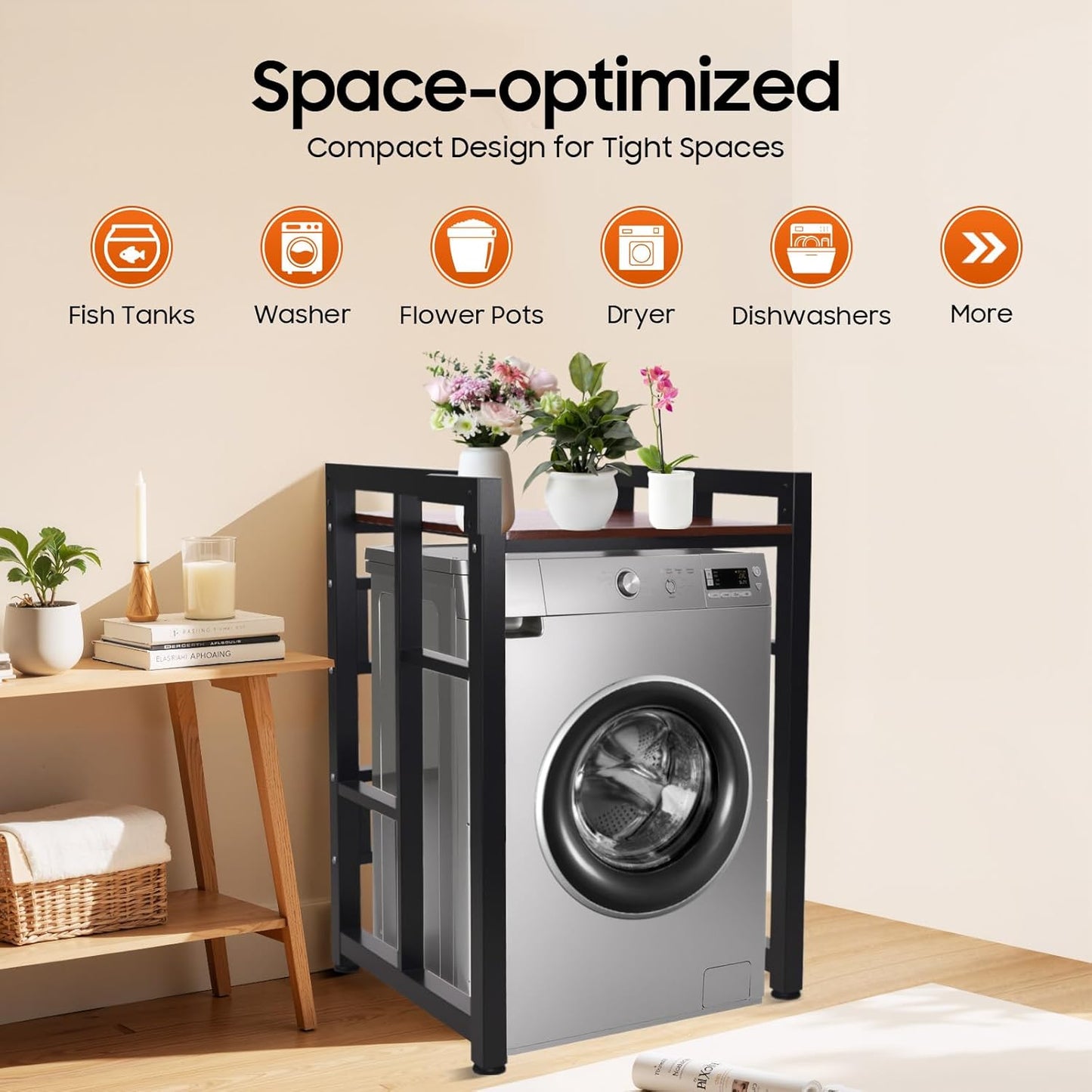 Washer Dryer Stacking Rack Stand, Heavy Duty Washer&Dryer Storage Shelves, Space Saver Stackable Storage Shelf for Laundry Room Apartments Bedrooms (Black, Teak Color)