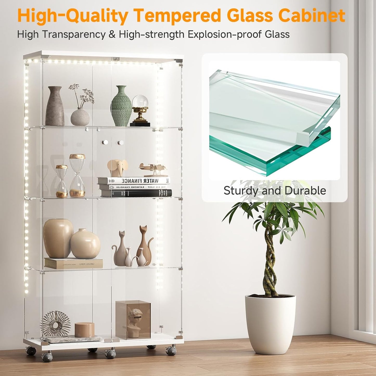Tempered Glass Display Cabinet with Light Strip, 4-Tier Curio Cabinet with Glass Doors Wheels Locks, Glass Display Case for Collectibles for Living Room, Bedroom, Office, White, Double Door