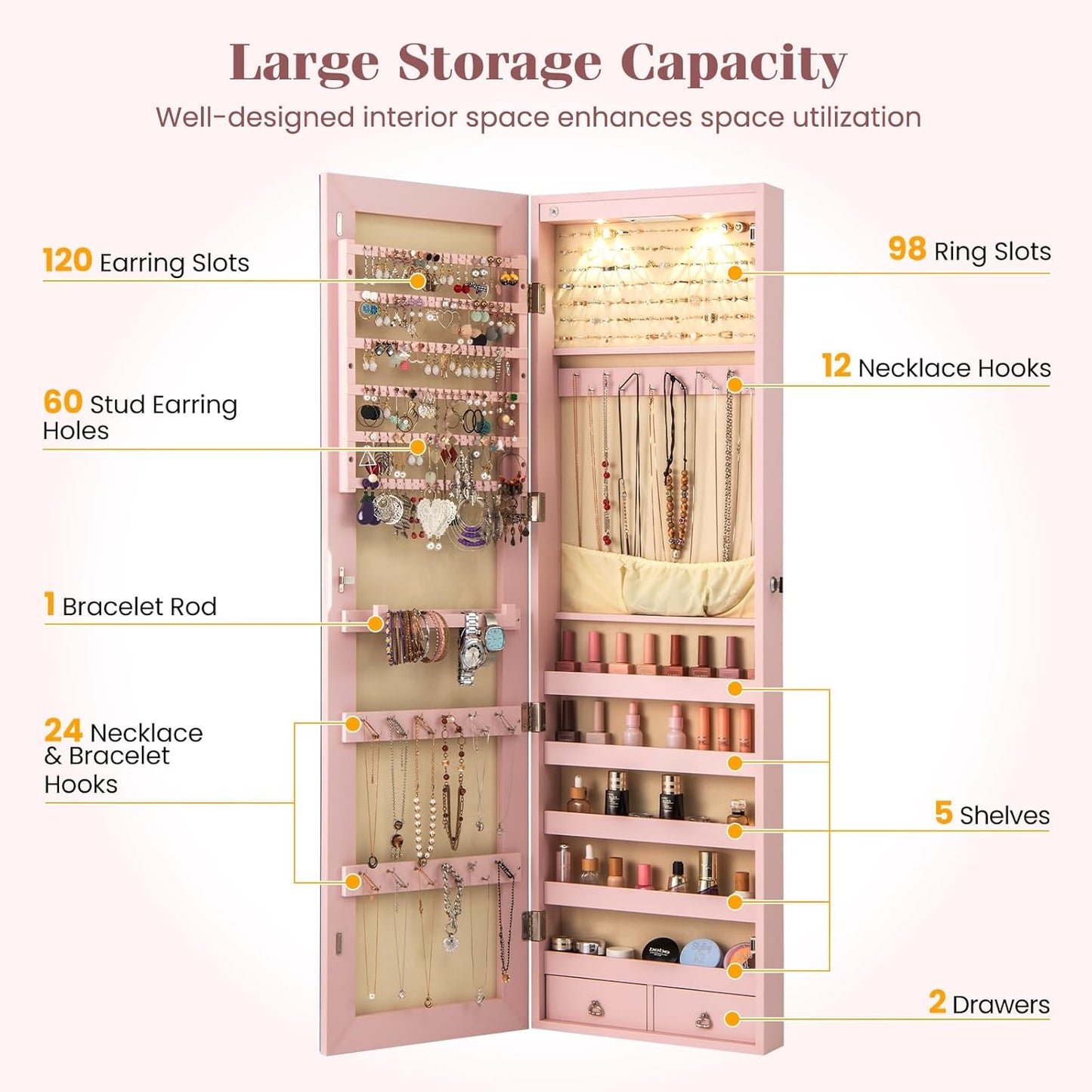 Giantex Wall Door Mounted Jewelry Armoire Cabinet with 47.5" Full Length Mirror, 2 LEDs Lockable Jewelry Organizers and Storage, Over the Door Jewelry Organizer Cabinet with 2 Drawers (Light Pink)