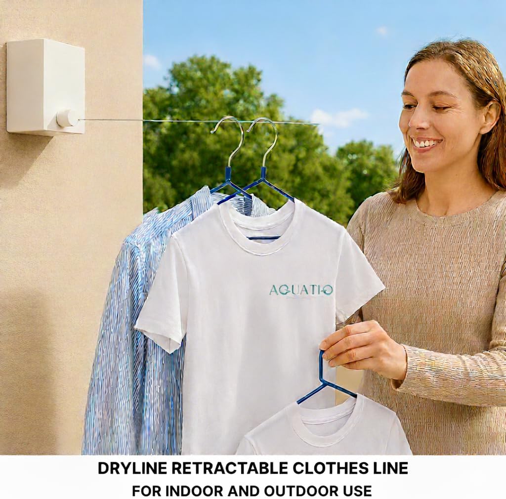 Dryline Retractable Clothesline, White, Indoor Outdoor Wall Mounted Drying Rack, 15kg Weight Capacity, 4.2m Length, for Laundry Room, RV, Bathroom