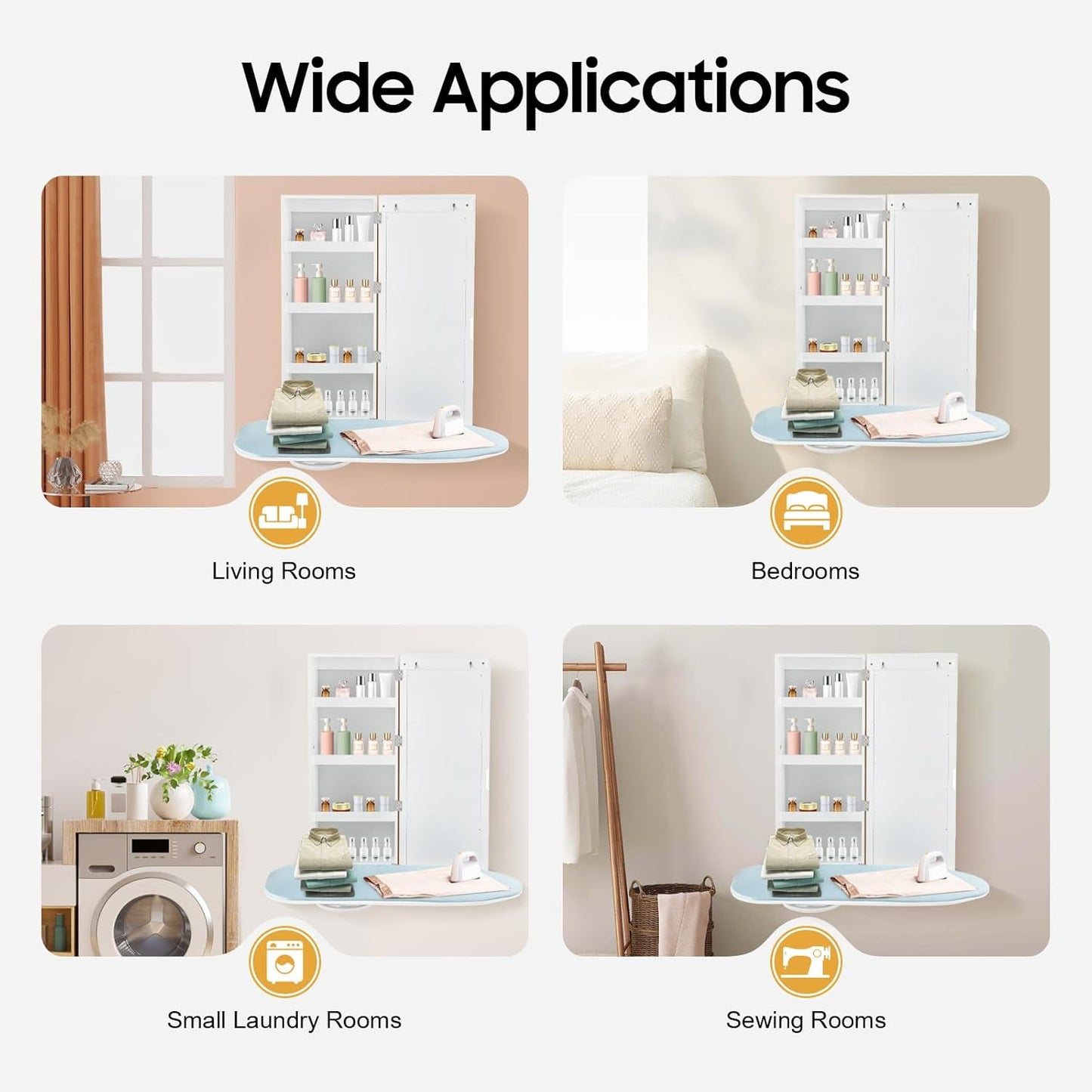 Wall-Mounted Ironing Board Cabinet with Storage Shelves & Door, Built in Foldable Ironing Board, Wall Hanging Ironing Storage Station for Bedrooms Laundry Rooms Apartments Small Spaces
