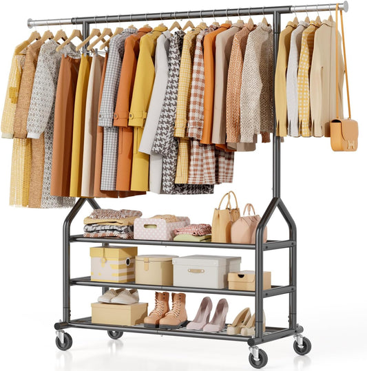 EAGMAK Heavy Duty Clothes Rack Load 556 LBS, Rolling Clothing Rack With 3 Shelves, Adjustable Metal Clothes Hanger with Wheels, Portable Wardrobe Organizer Garment Rod for Hanging Clothes (Black)
