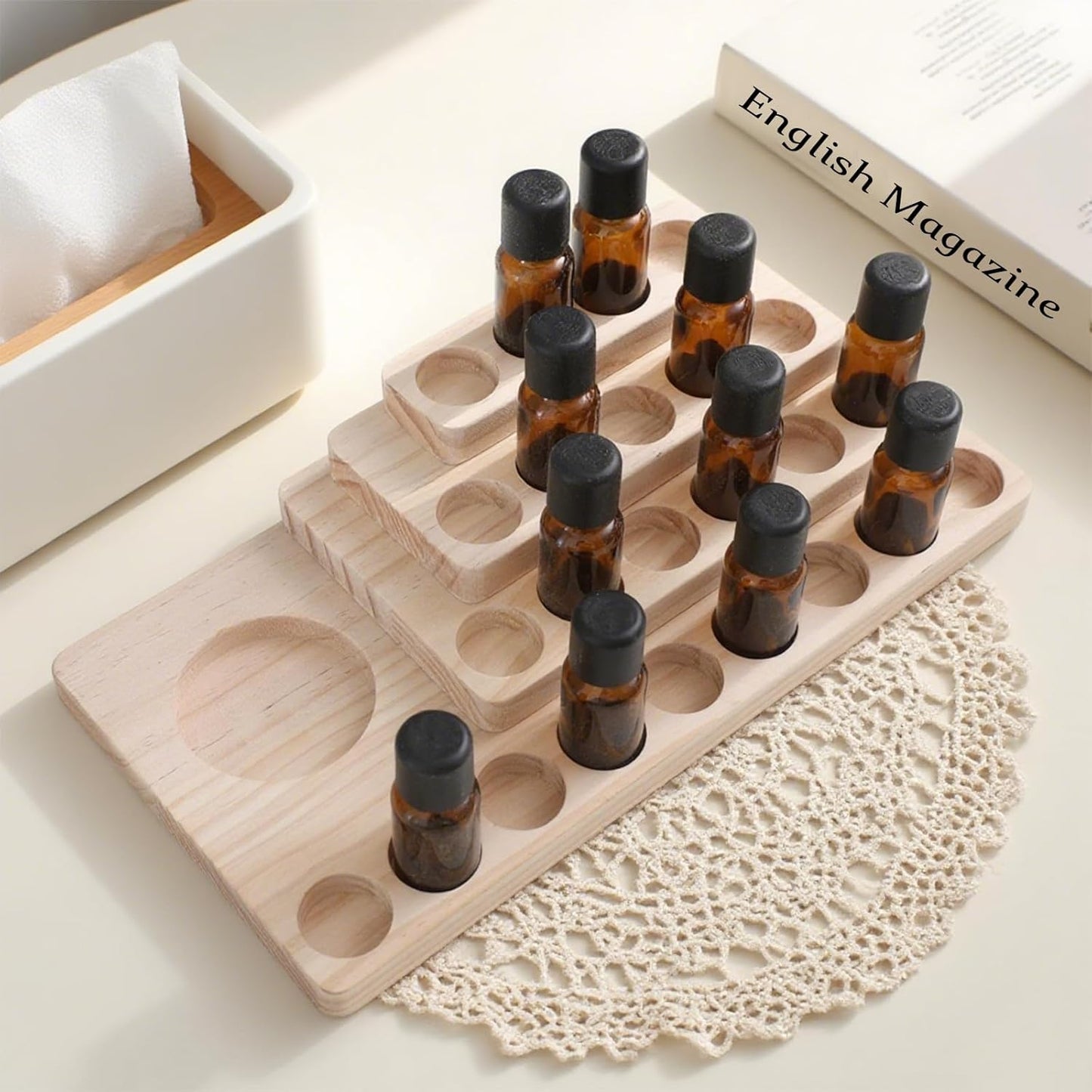 Wooden Essential Oil Rack 4 Tier Essential Oil Holder Shelves for Oil Solid Wood Essential Oil Organizer 25-Bottle Essential Oil Display Stand Tabletop Storage Rack for 5-20ml Bottles