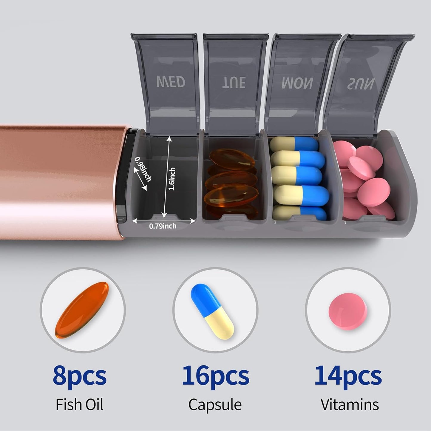 Weekly Pill Organizer, 7-Day Aluminum Case with Pop-up Design,Arthritis Friendly, Large Capacity for Vitamins Supplements and Medication, BPA Free (Rose Gold)