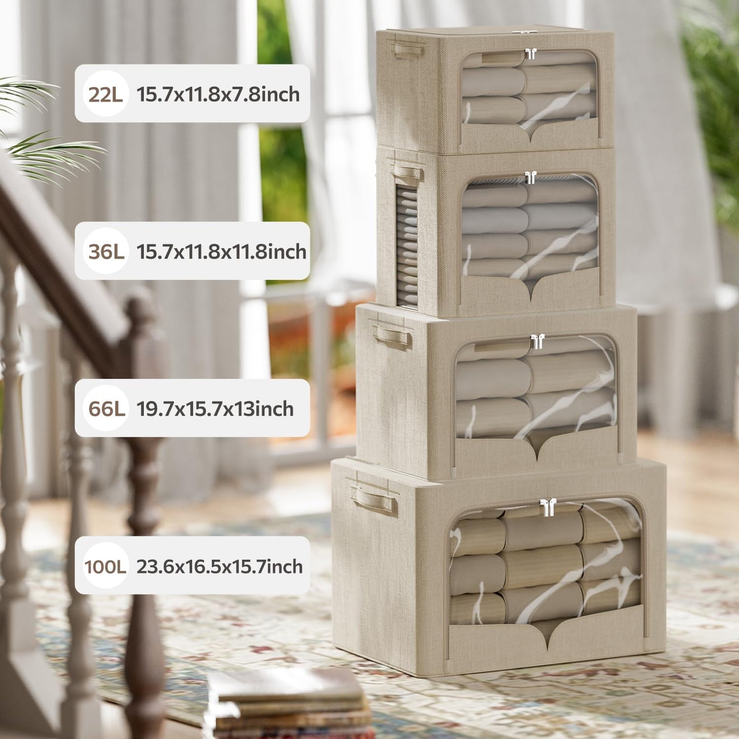 FHSQX 3 Pack Clothes Storage Bins Foldable Metal Frame Storage Box Stackable Linen Fabric Organizer Set with Carrying Handles and Clear Window (Beige, 15.7x11.8x11.8inch(36L))