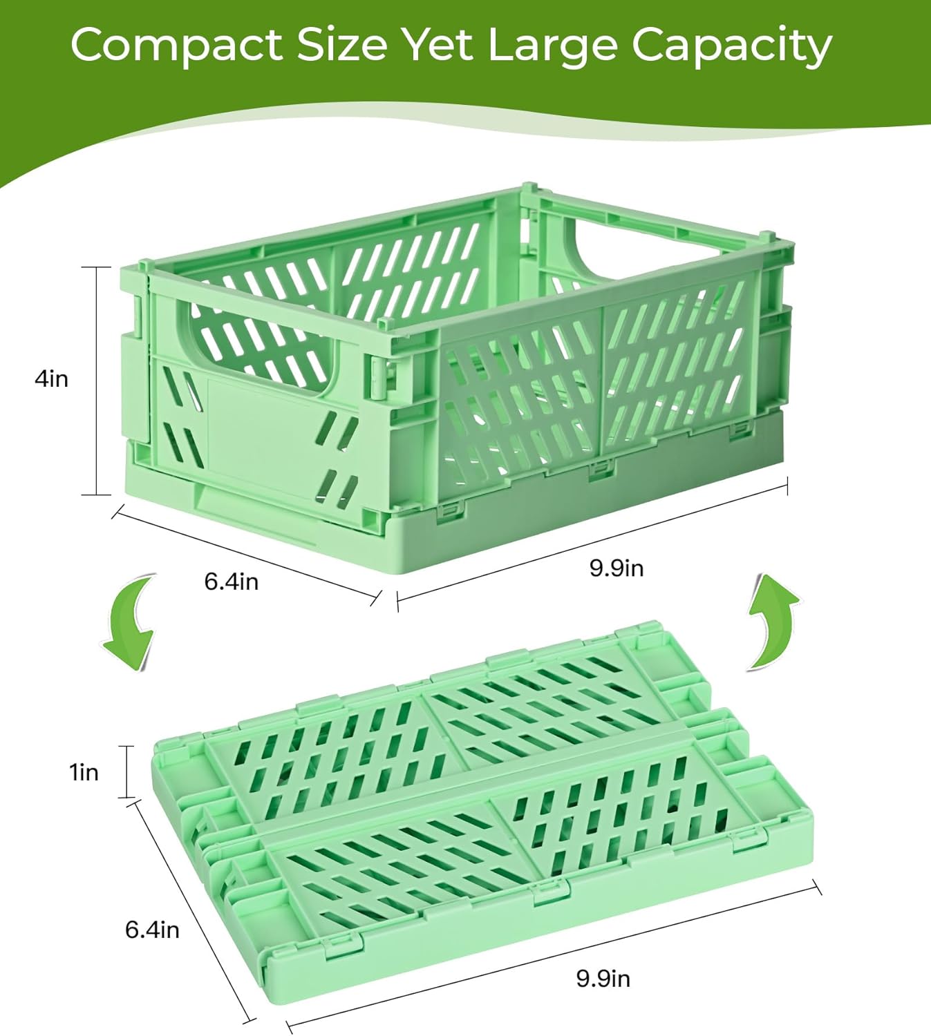 4-Pack Small Pastel Plastic Storage Baskets, Collapsible Crates for Organizing, Space-Saving Mini Bins for Classroom, Kitchen, Office, Bedroom (Green, 9.8" x 6.5" x 3.8")