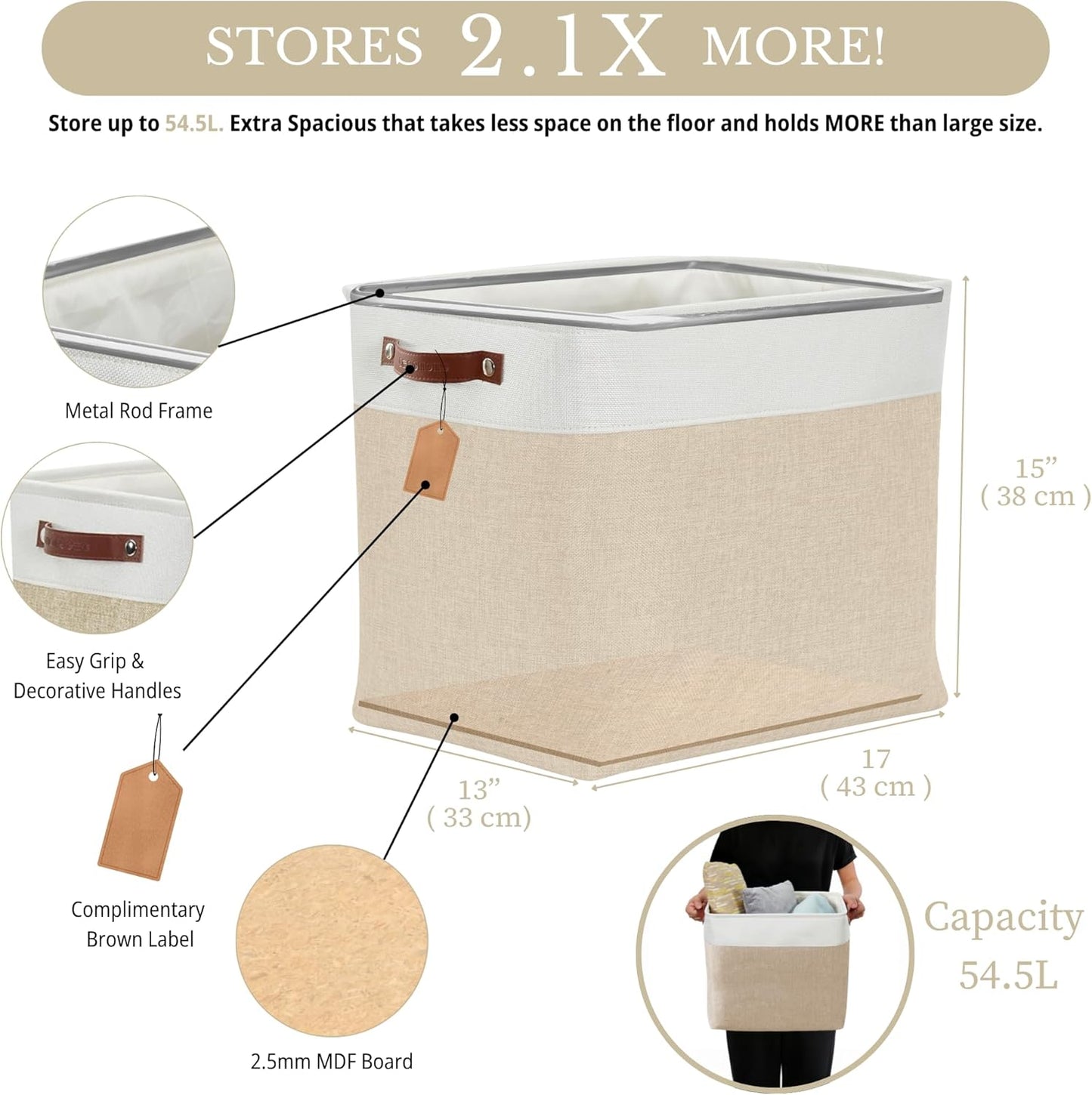 DECOMOMO Extra Large Storage Baskets, 54.5L Fabric Storage Bins for Organizing Linen Closet, Nursery (Beige & White, XXXL - 3 pack)