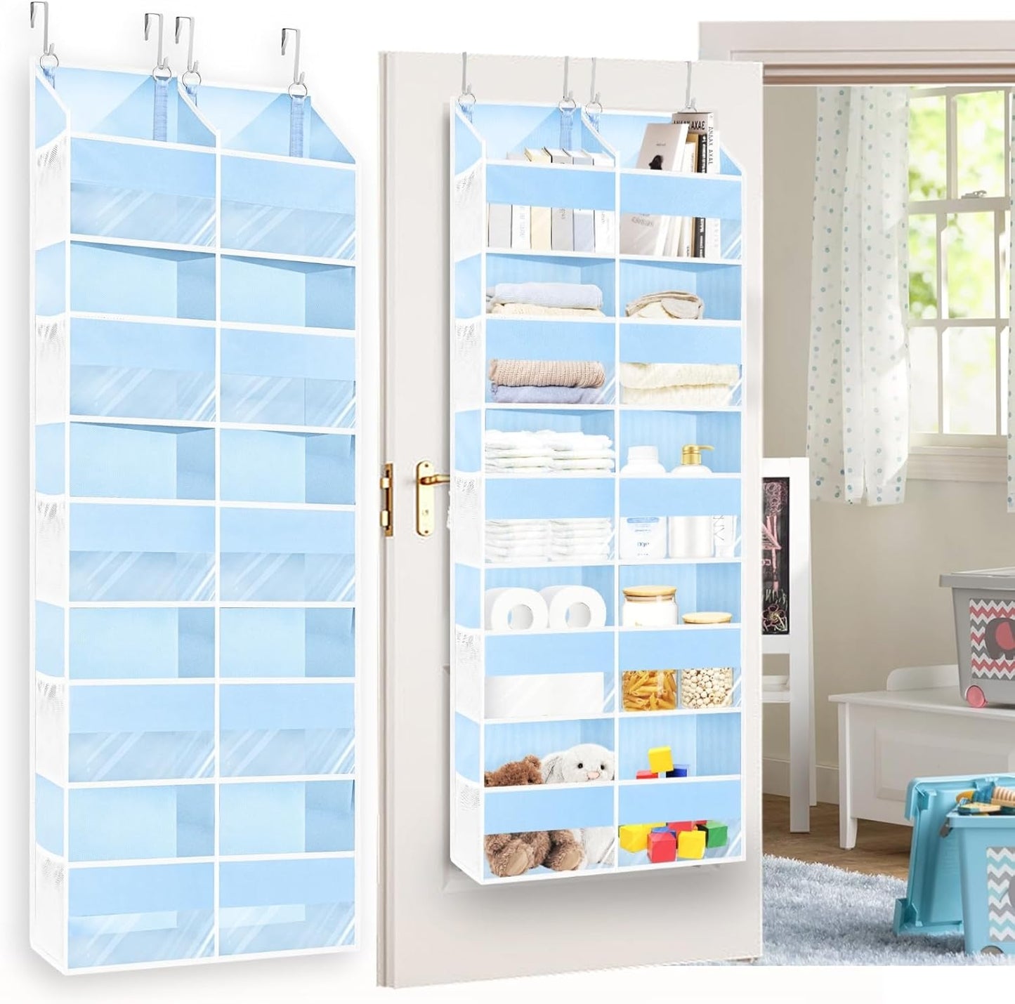Blue Over the Door Organizer 5 Tiers, Extra Large Behind Door Storage of 10 Compartments, 80 lbs Weight Capacity Hanging Storage Organizer with Clear Window Kids Toys, Shoes, Diapers, Room storage