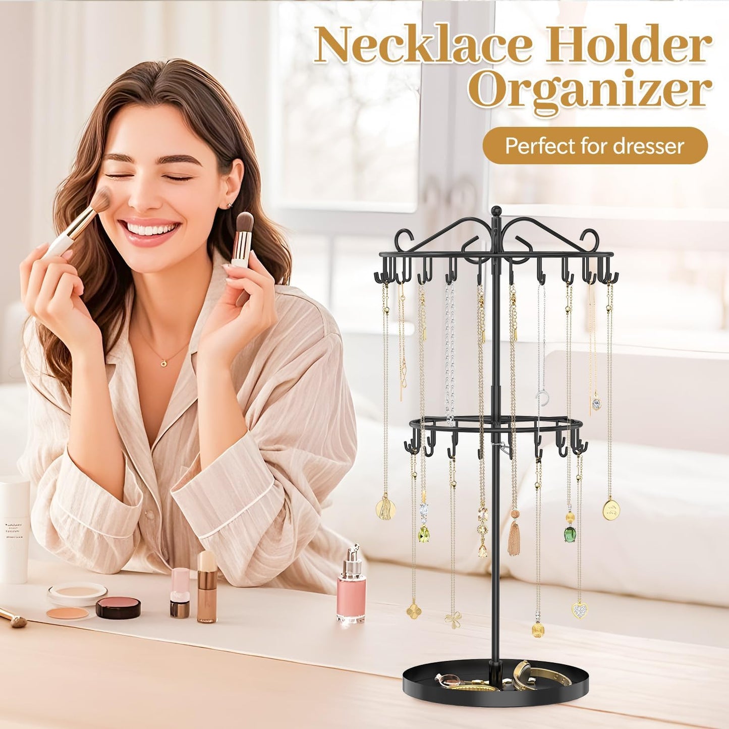 MODOWEY Rotating Necklace Holder Organizer Display Stand with 42 Hooks, 2 Tier Adjustable Metal Necklace Tree Rack with Jewelry Tray for Men Women, Tall Bracelet Storage Hanger for Selling, Black