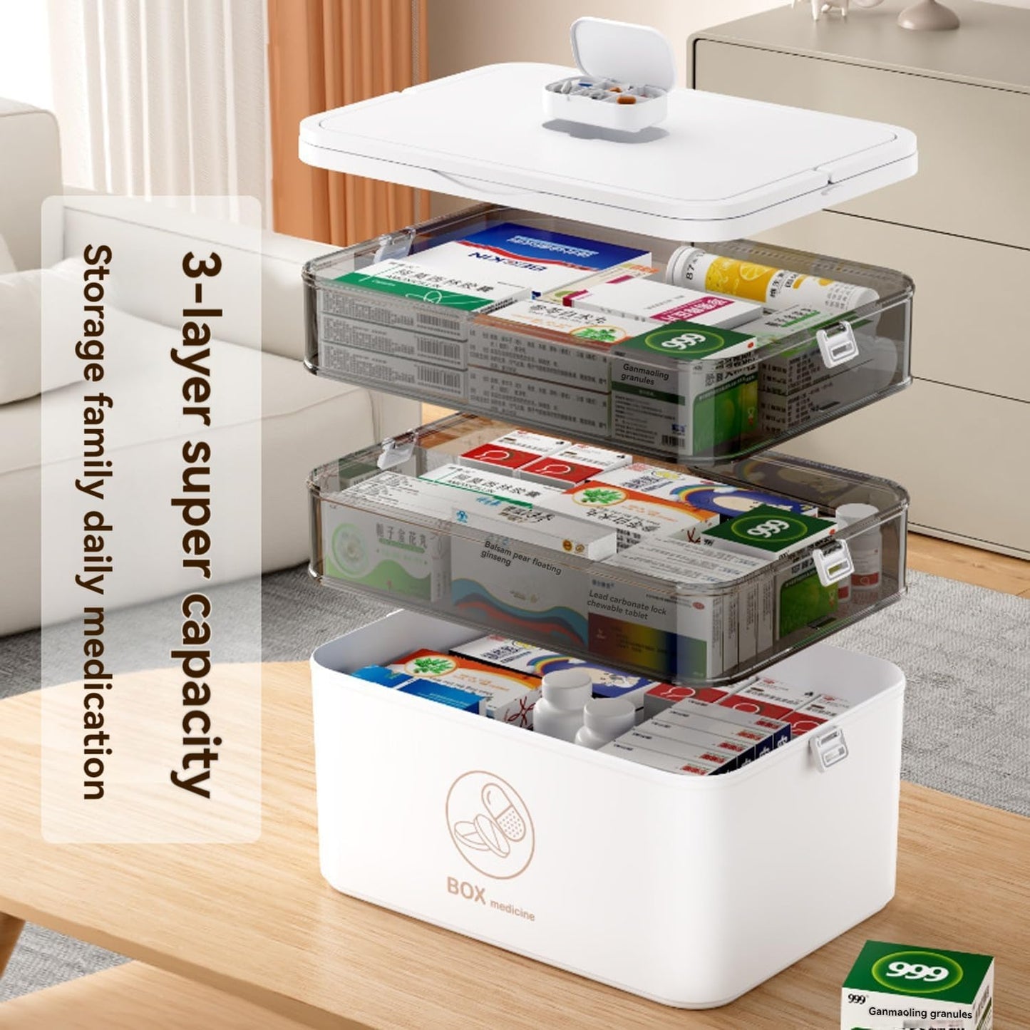 3-Tier Medicine Storage Box, Medicine Cabinet with Detachable Small Pill Box, Portable First Aid Kit Container, Multipurpose Plastic Organizer with Handle for Home, Travel, Family Emergencies