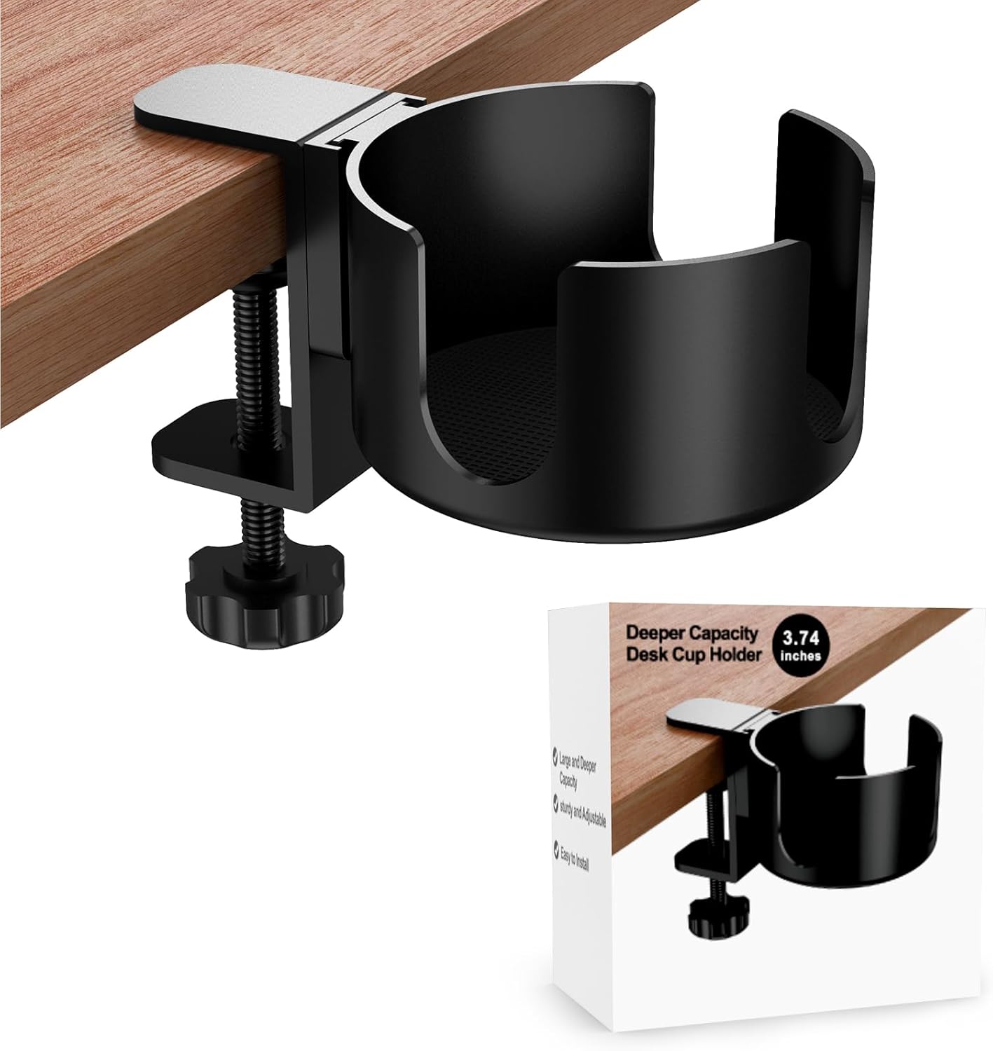 Large Desk Cup Holder Clamp， Anti-Spill Cup Holder for Your Desk or Table,Cup Holder Inner Diameter 9.5cm，Capacity 5kg/11lb Compatible with Universal Cup, Bottles(Black) (Desk Cup Holder)