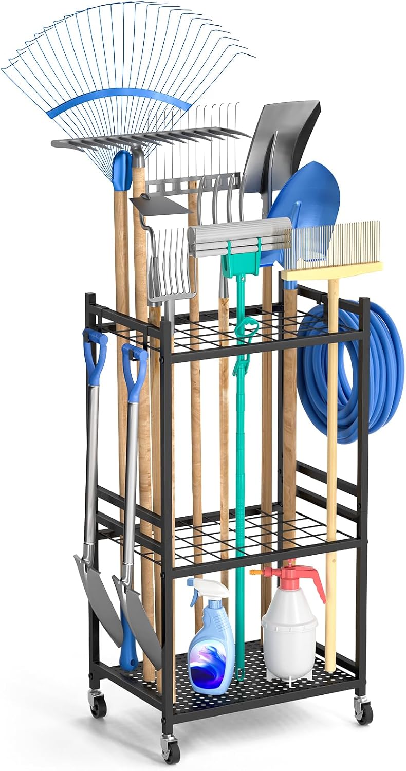 Garden Organizer With Wheels, Yard Tower Rack for Garage Storage, Up to 35 Long-Handled Tools, Sturdy Metal Steel Holder With 3 Hooks, Outdoor, Black