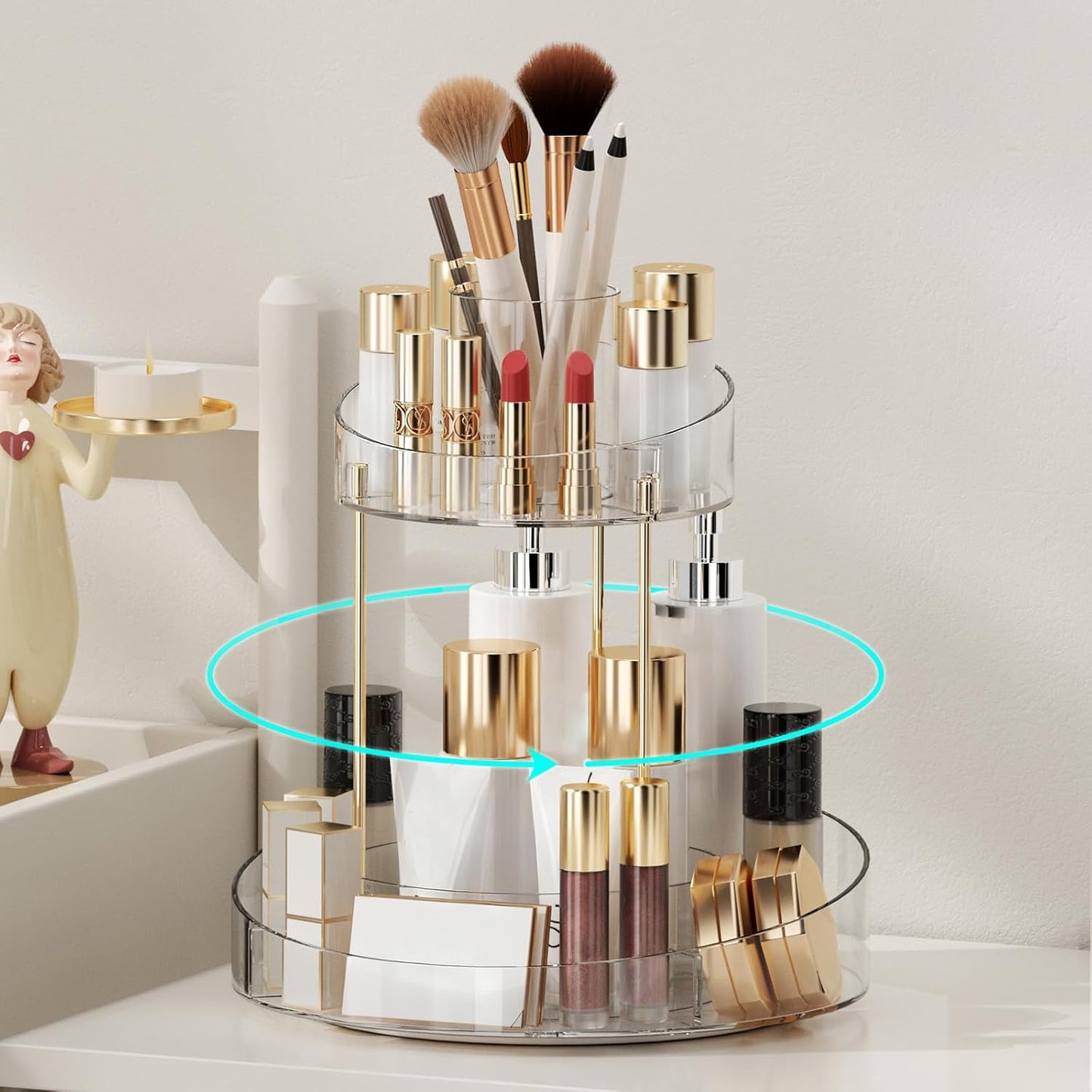 2 tier Makeup Organizer Countertop,360 Rotating Makeup Organizer for Skincare, Lipstick and Perfumes,Multi-function Cosmetic Display Cases for Vanity,Bathroom,Transparent