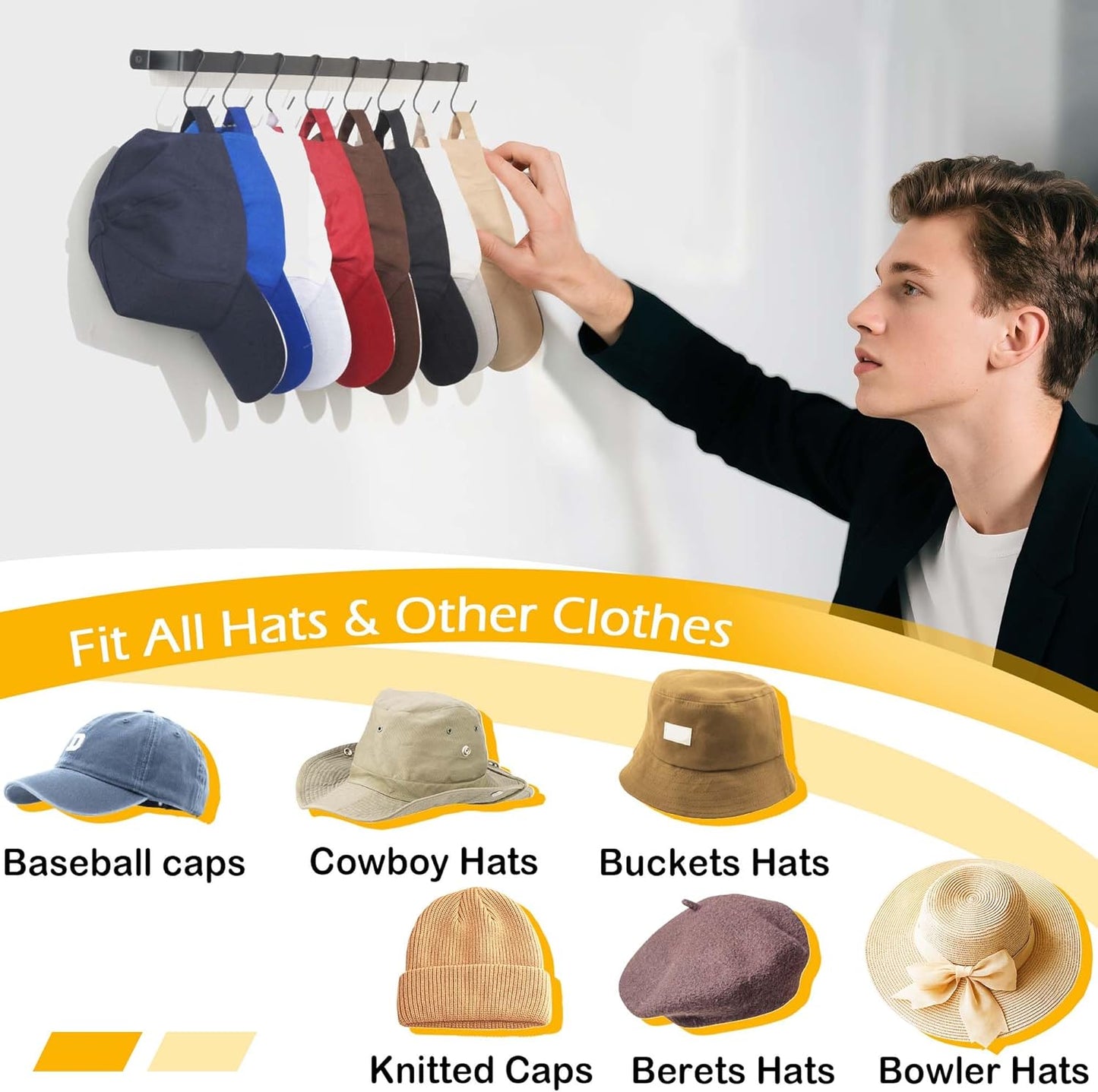 Hat Organizer Closet Organization Wall: 17 Inch Hat Holder with 12 Adjustable Stainless Steel Clips - Baseball Caps Organizer Fits All Caps - Tie Belt Hanger for Closet Storage Solution - 1 Pack