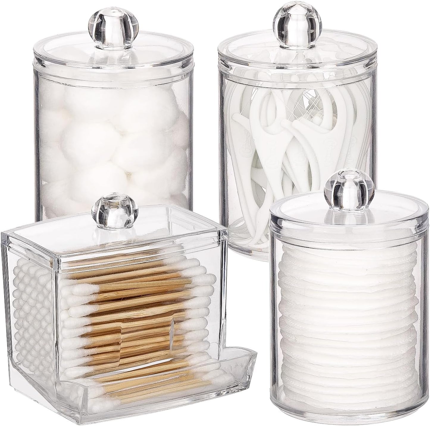 Tbestmax 4 Pack Qtip Holder Bathroom Container, 10/7oz Plastic Cotton Ball/Swabs Dispenser, Clear Apothecary Jar with Lids for Organizer and Storage