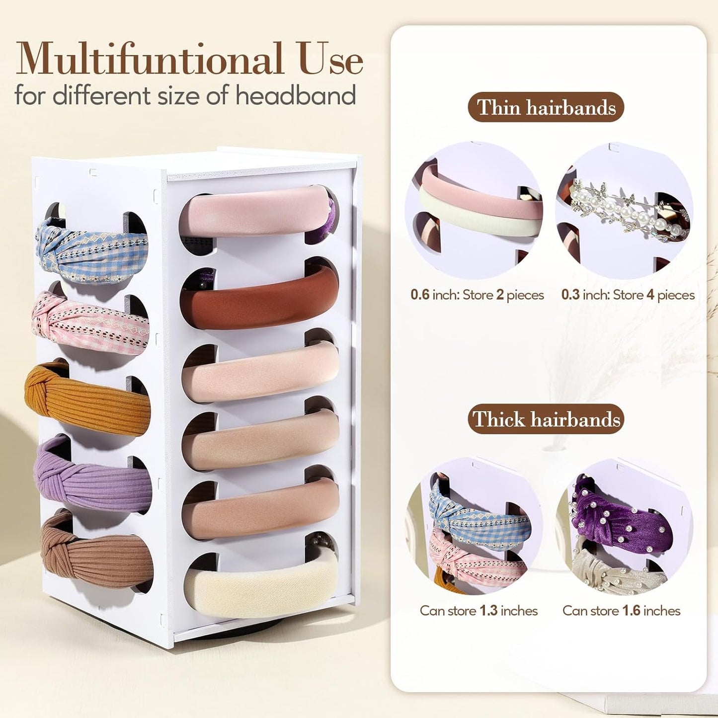 Headband Holder Organizer for Girls, Rotating Headband Storage for Women,White Hairband Display Stand, Hair Hoop Rack Holder for Vanity,Dresser,or Bathroom Decor