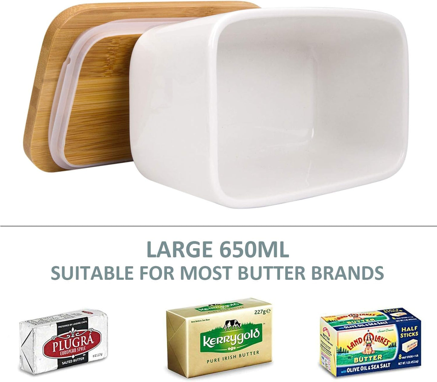 Butter Dish with Lid, LARGE 650ml Porcelain Keeper with Bamboo Lid Cover for 2 Sticks of Butter, Microwave Safe Easy Clean Butter Storage Container for Countertop and Refrigerator (White)