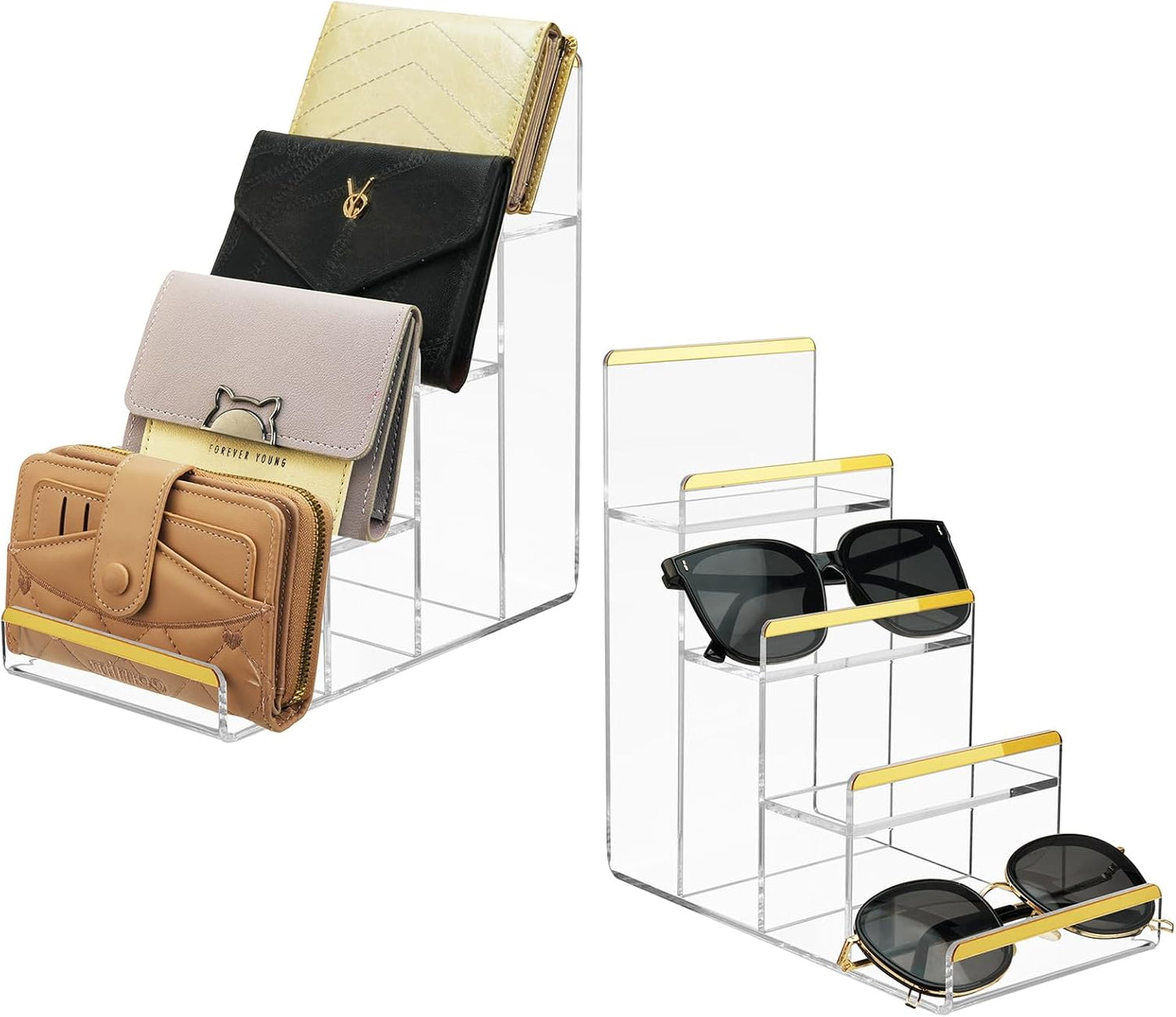 Purse Display Stands, 2 Pack 4-Tier Acrylic Wallet Holder Risers Stand, 2-Inch Spacing Clear Clutch Rack Handbag Display Shelf, 4MM Thick Counter Wallet Organizer for Figure Sunglasses Retail Vendor