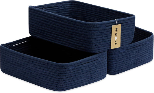 Large Shallow Organizing Baskets 15x11x5.1 Inches - Rope Woven Storage Bins for Bathroom, Shelves, Cube Closet, Navy Blue 3 Packs