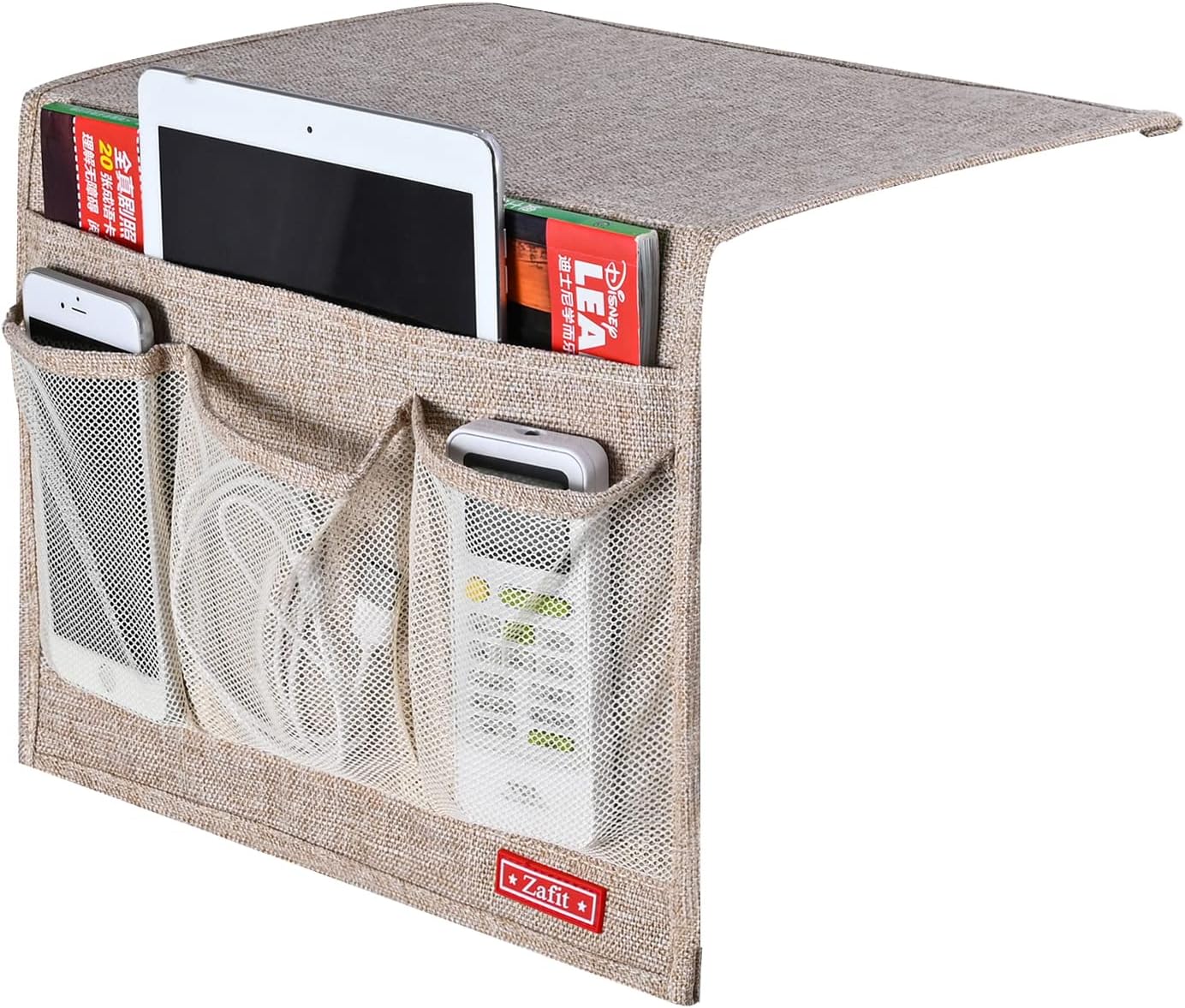 Linen 4 Pockets Bedside Caddy, Bedside Storage Organizer for Magazine, Remotes, Phone (Beige, Classic 4 Pockets)